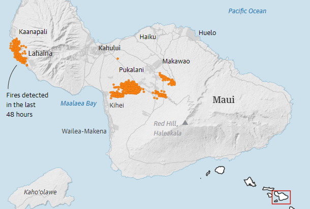 Лесные пожары на Гавайях, очаги на карте